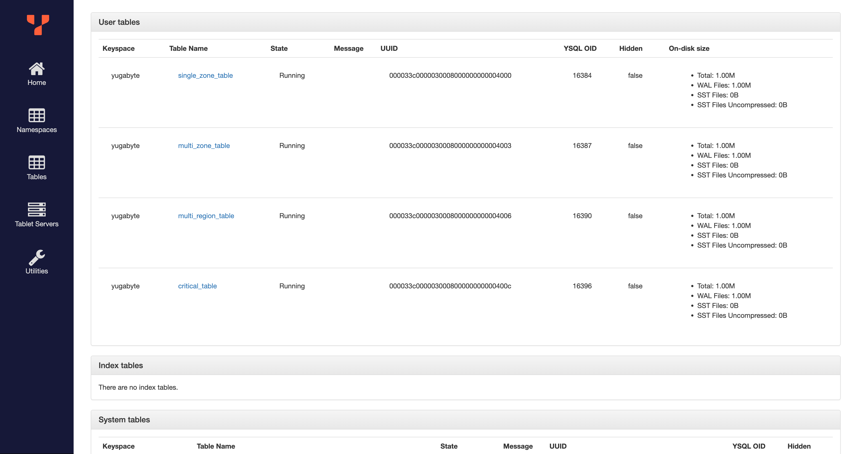 YB-Master UI: Tables page YB-Master UI: Tables page